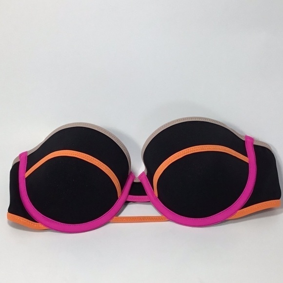 Victoria’s Secret Blk Strapless Colorblock Neon Pink Orange Bikini Top Size 32 C - Picture 1 of 7